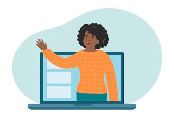graphic of a girl waving hand from laptop